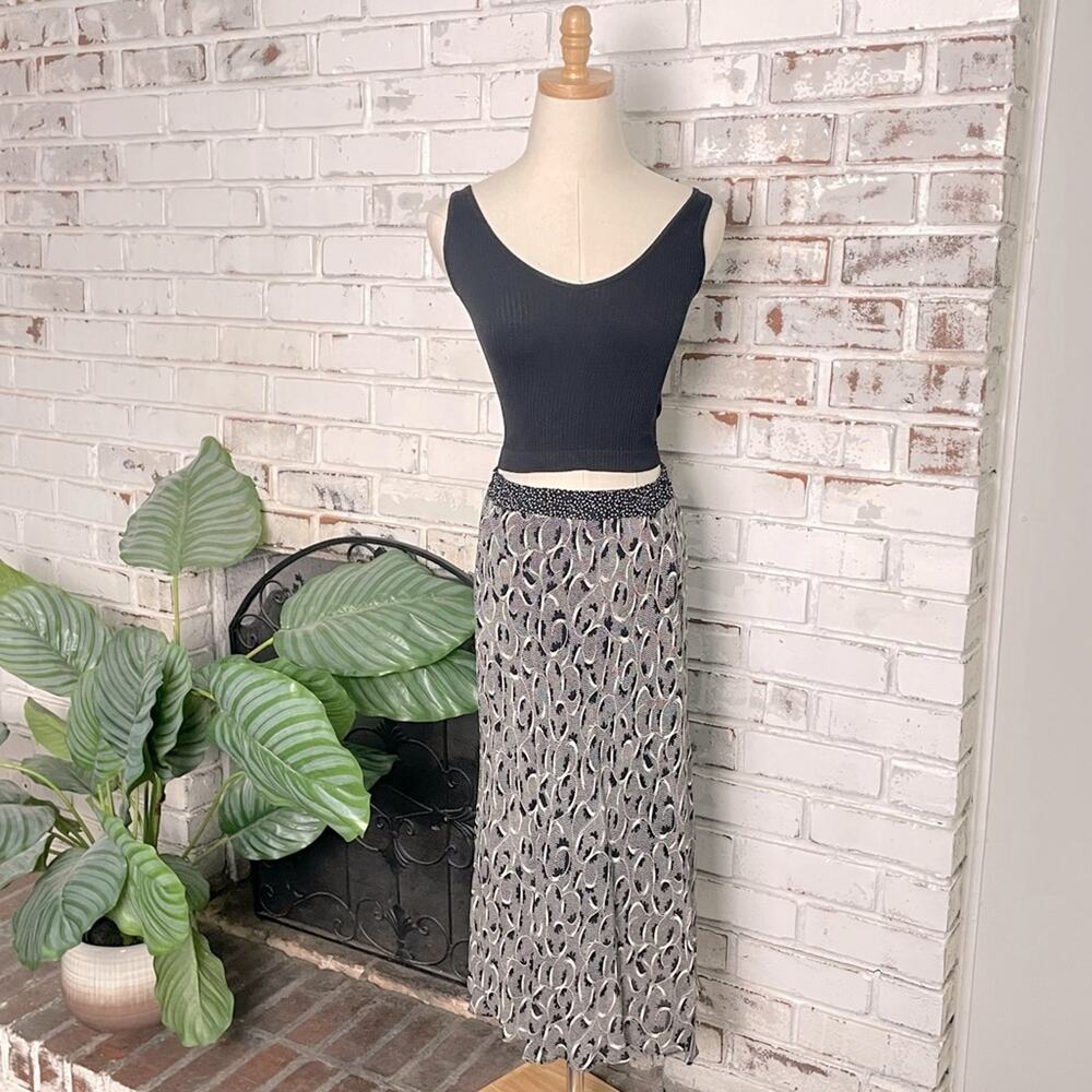 Vintage 90s Dorothy Schoelen Black White Multi Pattern Sheer Midi Skirt